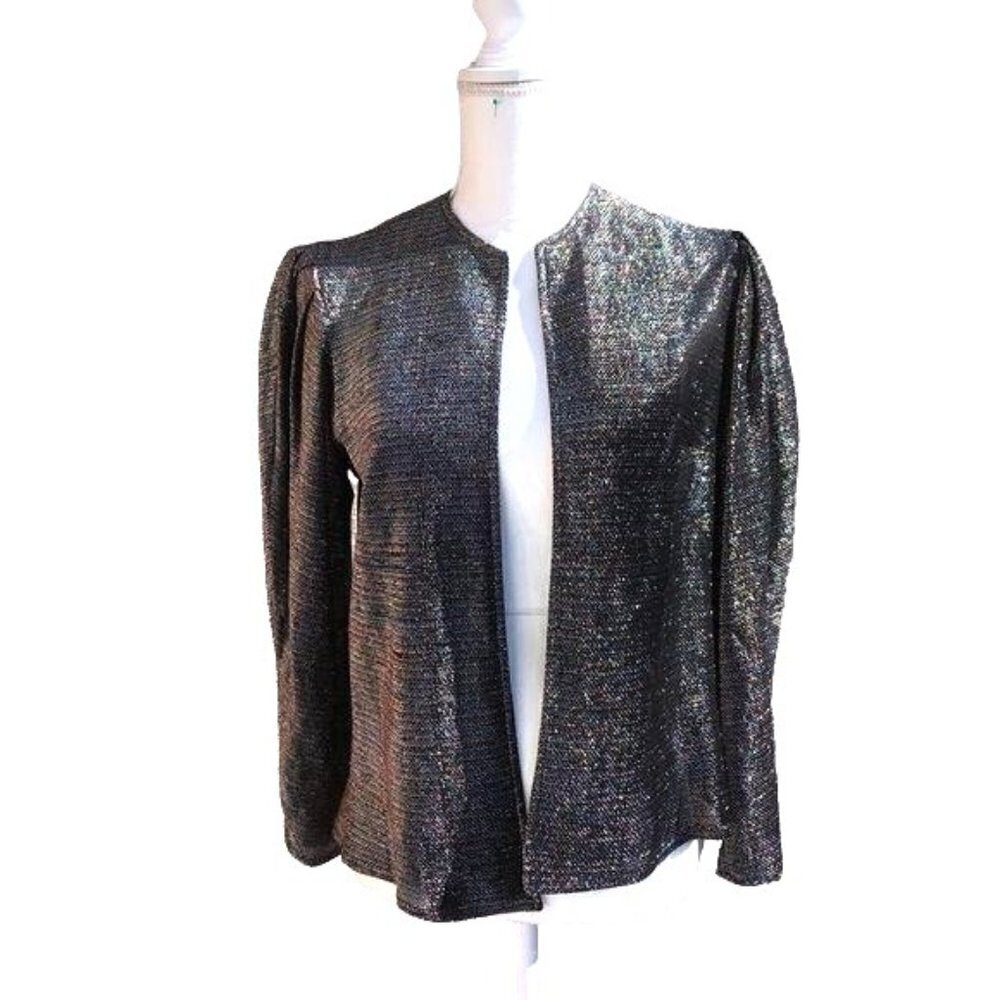 Vintage Open Jacket Womens 70s Metallic Puff Sleeve Silver Unlined Sparkly